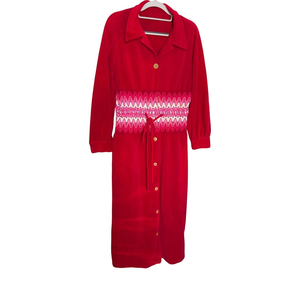 Vintage 1970s Van Raalte button crochet mid line‎ velour pink robe